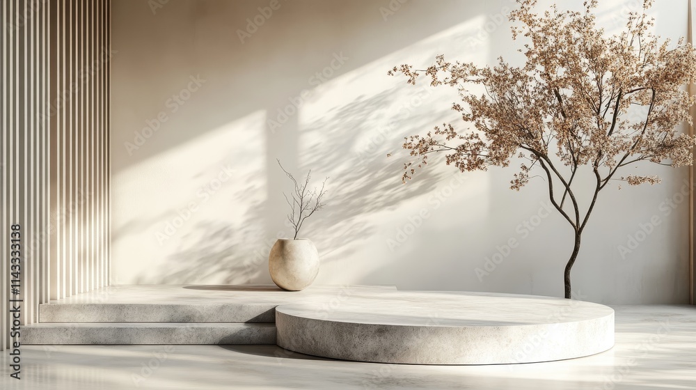 Minimalist display podiums with touch of nature on neutral background Minimalist display podiums with touch of nature on neutral background