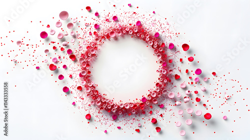 Romantic Valentine’s Day circular frame made of scattered pink and red hearts in unique sizes.