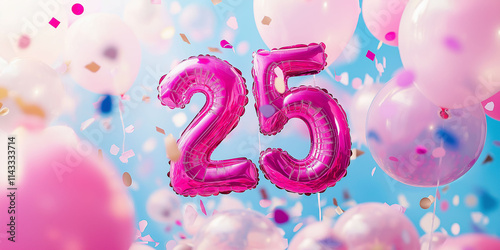 Metallic balloons in the shape of the number 15, magenta, surrounded by balloons and confetti. Blue background. Decorations to celebrate birthdays or anniversaries. photo