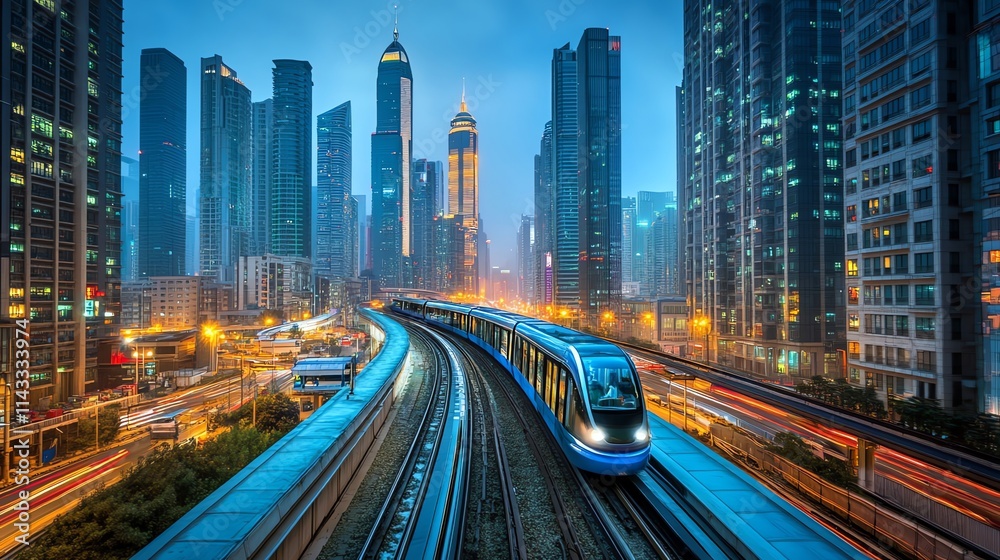 Obraz premium A futuristic train travels through a vibrant cityscape at dusk, showcasing urban transport.