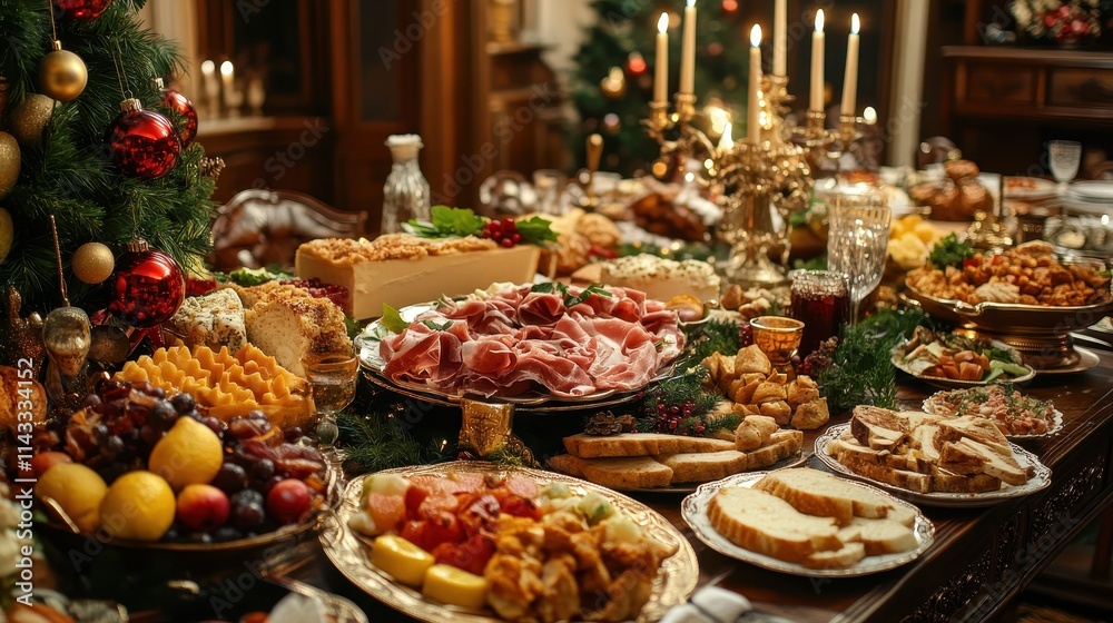 Fototapeta premium christmas holiday feast - table filled with decadent food