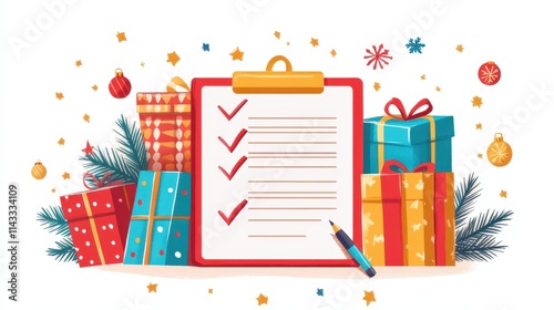 Holiday shopping wish list illustration on a white background, showcasing a clipboard with a checklist, vibrant gift boxes, and a pen.