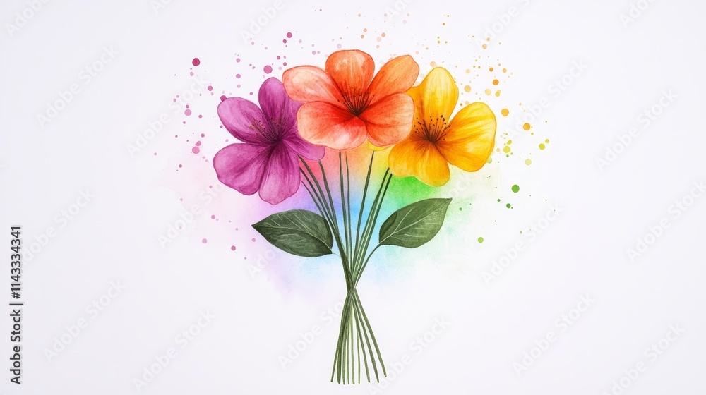 Obraz premium Child-drawn flower bouquet with irregular stems and petals, rainbow wash background, carefree and joyful illustration style for educational content