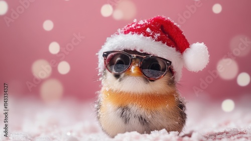 Frohe Weihnachten Urlaub Winter GruÃŸkarte mit deutschem Text - Cooles lustiges EichhÃ¶rnchen mit WeihnachtsmannmÃ¼tze und Sonnenbrille, isoliert auf pinkem Hintergrund photo