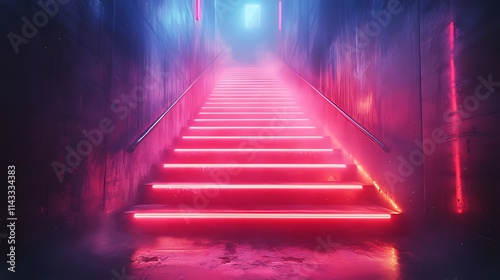 Neon pink stairway leading upwards in a dark  smoky corridor with blue and pink lighting.