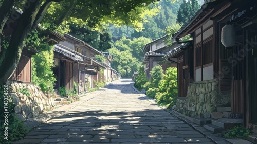 A serene pathway lined with traditional houses and lush greenery, evoking tranquility.