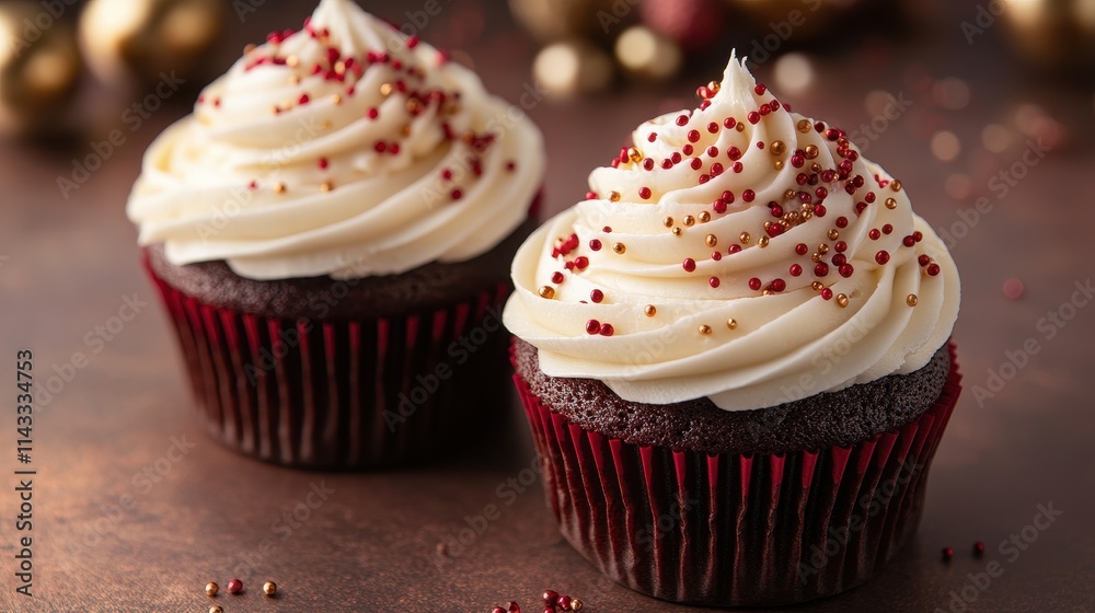 Two cupcakes with creamy white frosting, adorned with red and gold sprinkles. Two cupcakes with creamy white frosting, adorned with red and gold sprinkles.