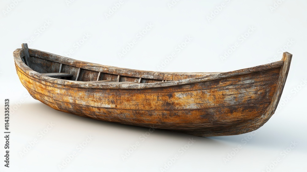 Isolated on a white background, this detailed 3D illustration depicts a traditional flat-bottomed boat with a rectangular design showcasing weathered textures Isolated on a white background, this detailed 3D illustration depicts a traditional flat-bottomed boat with a rectangular design showcasing weathered textures