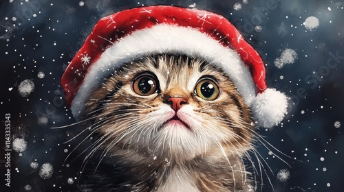 Watercolor illustration of a cute cat with a red Christmas hat