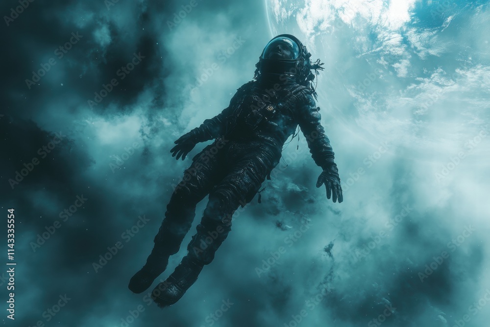 Fototapeta premium Astronaut Floating in Space Amidst Cosmic Clouds and Planet