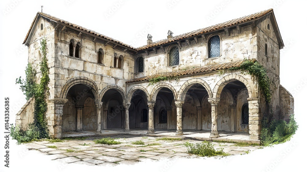 Fototapeta premium Detailed architectural illustration of a medieval cloister courtyard with arches and columns, set against a white background.