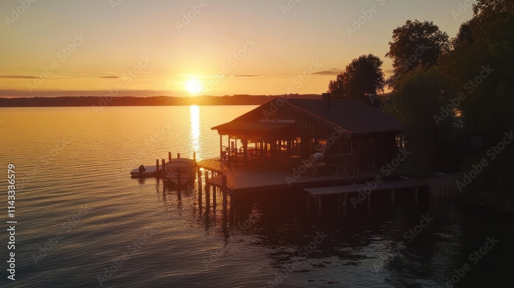 Fototapeta premium A serene sunset over a lake with a dock and a cozy building.