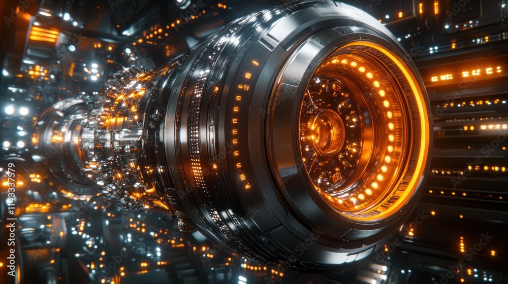 Futuristic Engine Design with Bright Orange LED Accents and Technology Futuristic Engine Design with Bright Orange LED Accents and Technology