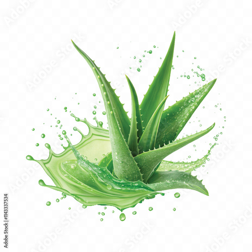 Fresh green aloe vera in splash of green juice isolated on white background