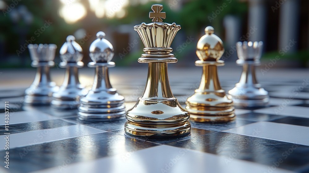 Golden queen chess piece in the foreground, surrounded by silver pieces on a chessboard outdoors. Golden queen chess piece in the foreground, surrounded by silver pieces on a chessboard outdoors.