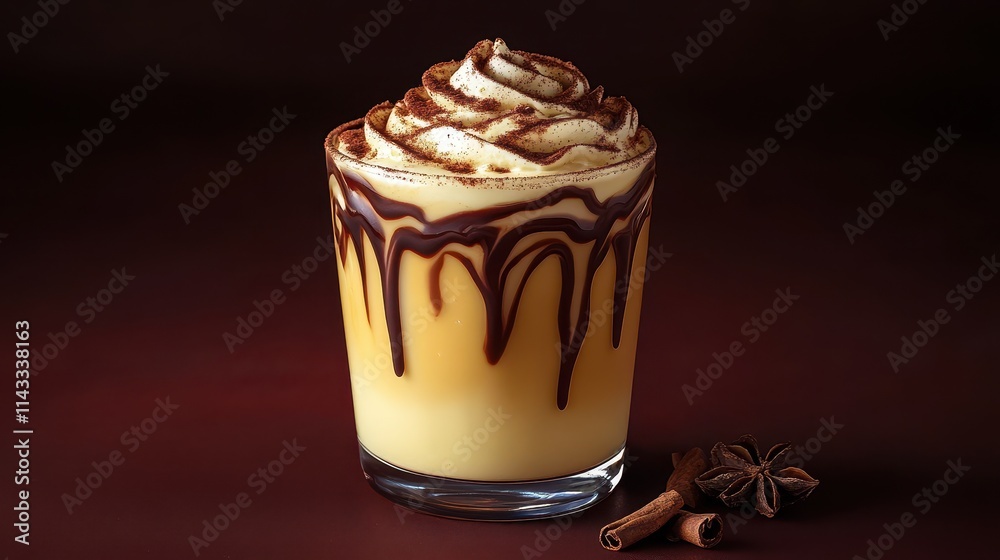 Eggnog topped with a cinnamon swirl and chocolate drizzle, isolated on a dark burgundy background Eggnog topped with a cinnamon swirl and chocolate drizzle, isolated on a dark burgundy background