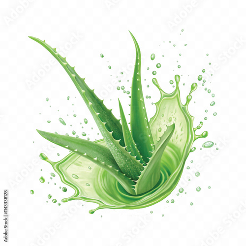 Fresh green aloe vera in splash of green juice isolated on white background