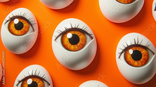 Cow's eyes shaped like eggs, repeating in a geometric pattern, bold orange background, surreal and artistic print concept photo