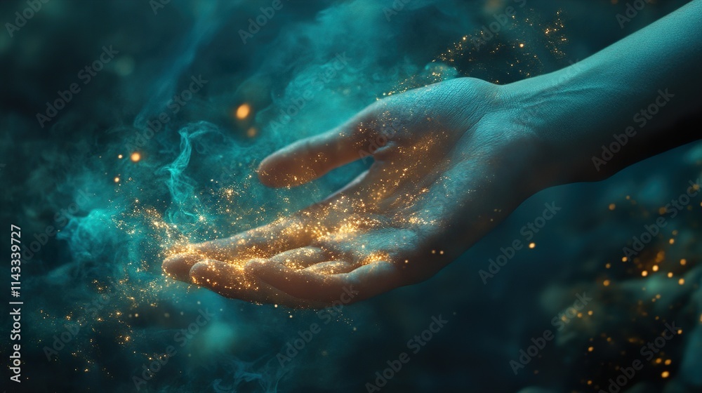 Fototapeta premium Mystical Hand: Golden Sparkles and Enchanting Darkness