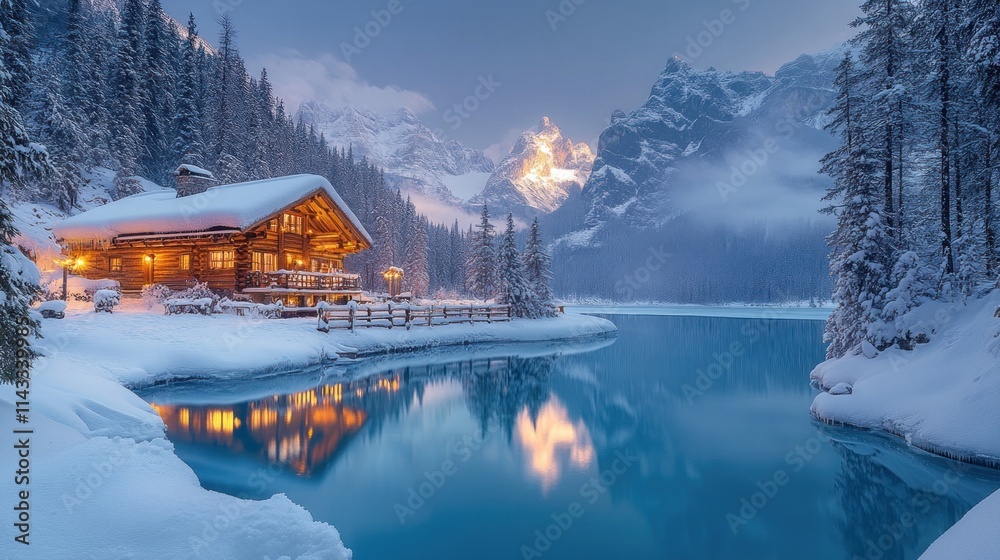 Fototapeta premium A serene winter landscape featuring a cozy cabin by a snowy lake at twilight.