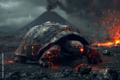 A lava turtle with a cracked obsidian shell, glowing magma patterns visible through the cracks, slowly moving across a barren volcanic terrain. photo