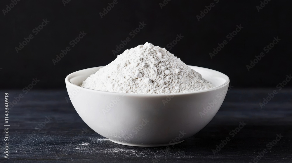White Flour in a Bowl on Dark Background, Baking Ingredient White Flour in a Bowl on Dark Background, Baking Ingredient