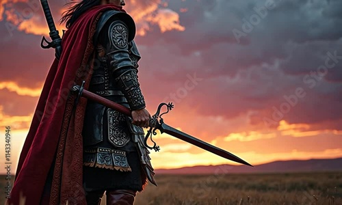 Lone warrior in ornate armor stands silhouetted against a fiery sunset.