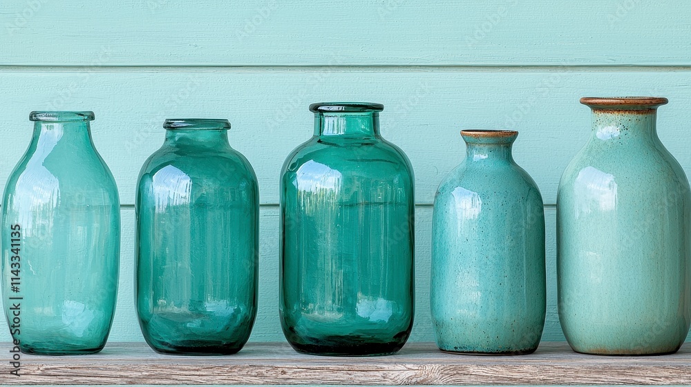 Teal Glass and Ceramic Vases on Rustic Shelf Teal Glass and Ceramic Vases on Rustic Shelf
