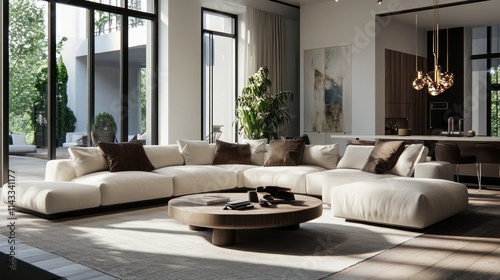 Modern Living Room with Sectional Sofa and Wooden Coffee Table