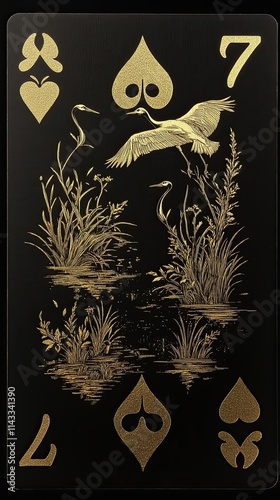 Golden Cranes Amongst Reeds Seven of Spades Playing Card photo