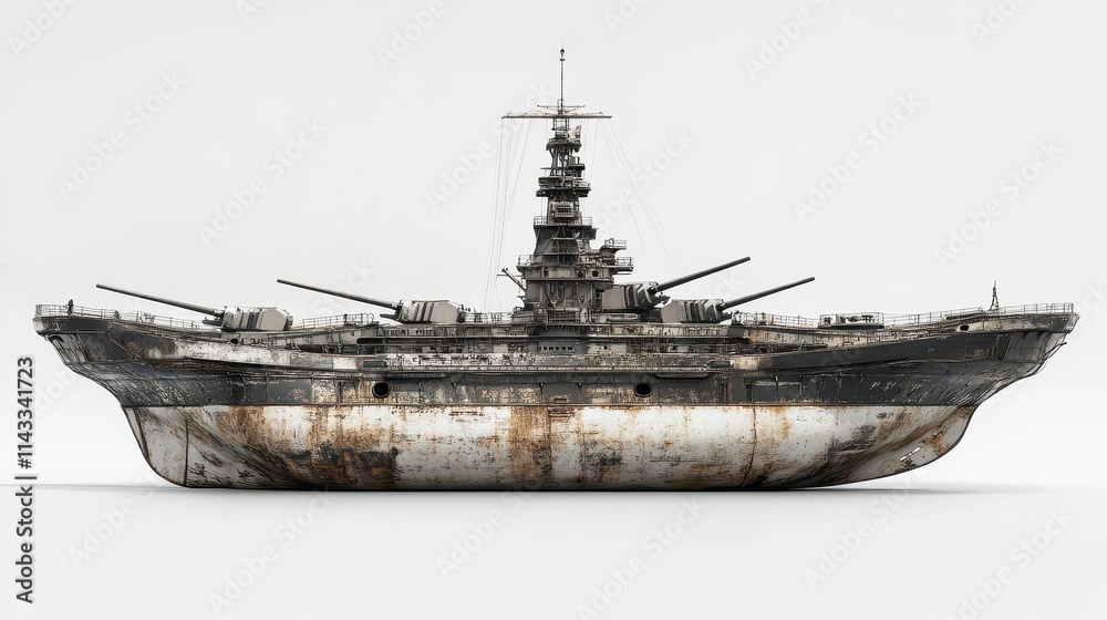 Fototapeta premium An isolated battleship on a white background, showcasing intricate details of its formidable guns and armor, embodies strength and military power.