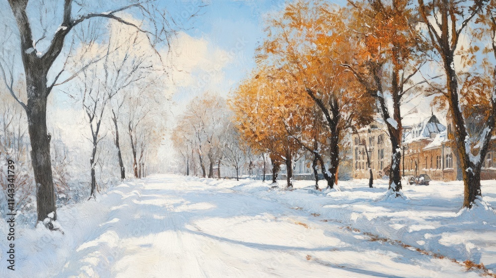 A serene winter landscape with snow-covered trees and autumn foliage. A serene winter landscape with snow-covered trees and autumn foliage.