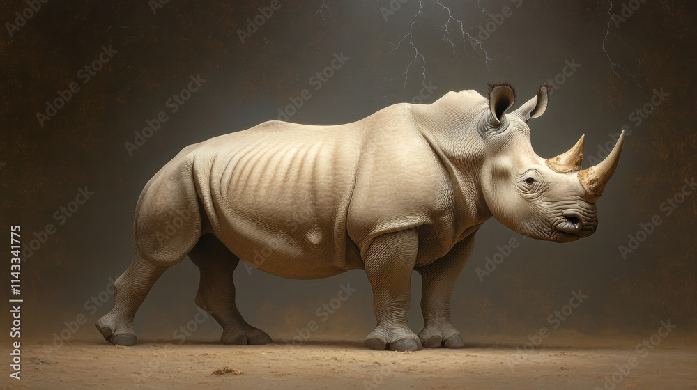 Fototapeta premium Majestic white rhino standing strong in thunderstorm with dramatic lighting