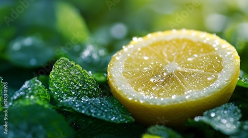 Highly Detailed Shot of Lemon Slice with Dew on Green Leaves