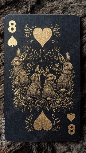 Gold Embossed Eight of Hearts Card Featuring Rabbits photo