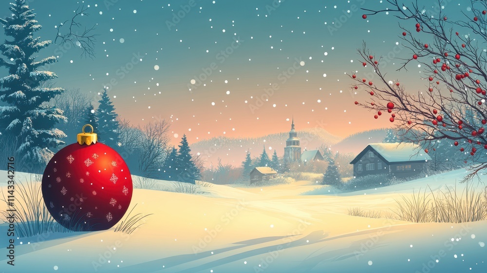 Fototapeta premium Illustration of large chrismas ball with winter landscape.