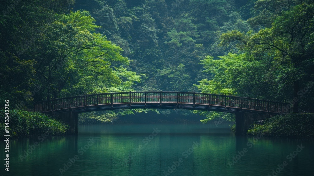 A serene wooden bridge spans a tranquil lake surrounded by lush greenery. A serene wooden bridge spans a tranquil lake surrounded by lush greenery.