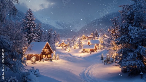 Vintage christmas village in snow, winter landscape and holiday cheer for charming christmas card