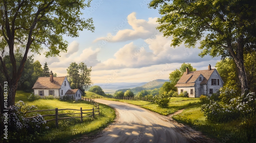 Obraz premium Country Road Divides Past Two Charming Farmhouses