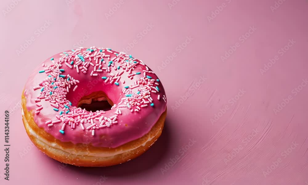 Pink frosted donut with sprinkles on pink background Pink frosted donut with sprinkles on pink background