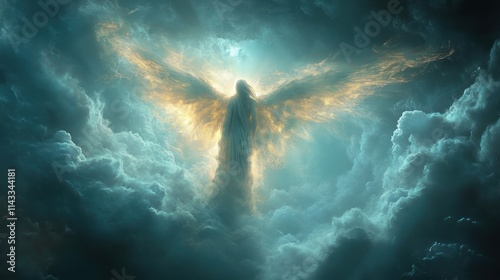 Celestial Angel Figure Emerging from Ethereal Clouds in Bright Blue Sky photo