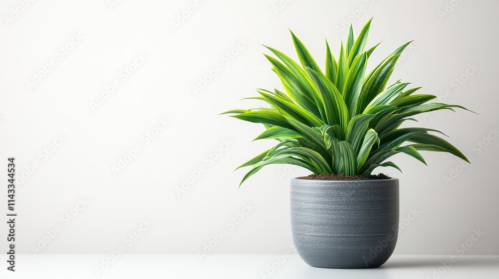 Fototapeta premium Lush green Dracaena plant in a modern grey pot on a plain white background. Minimalist indoor greenery