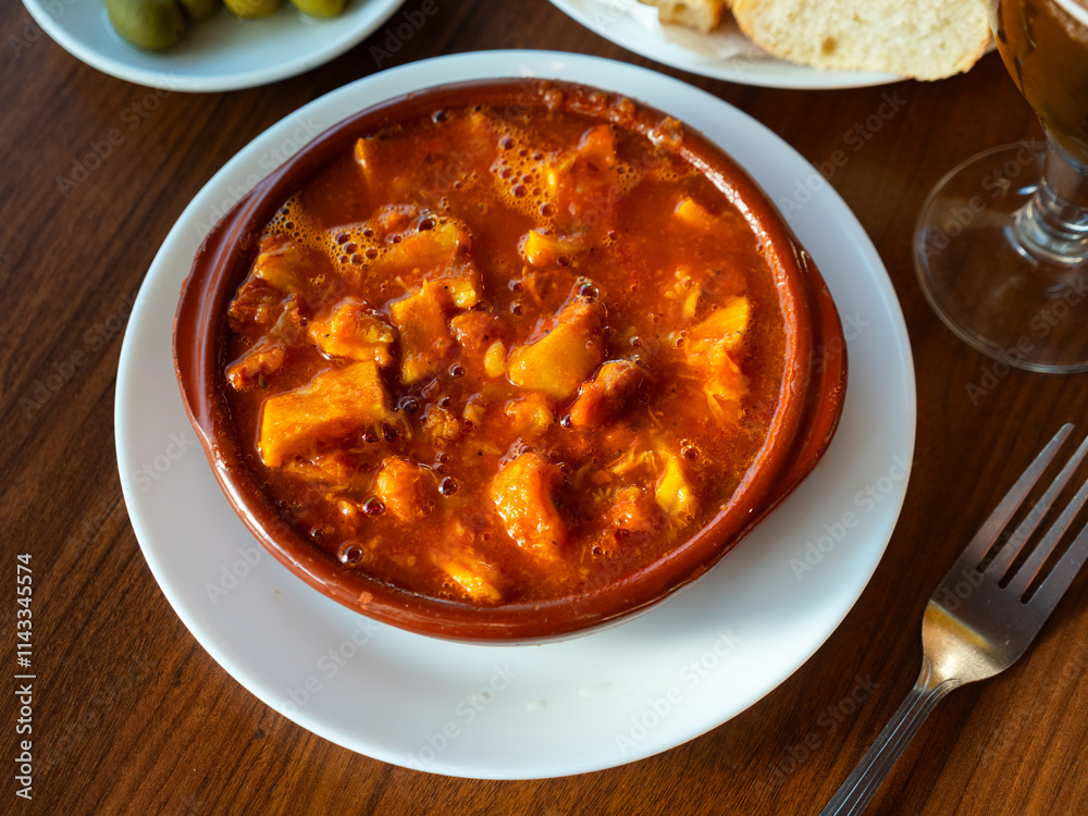 Traditional Spanish tripe dish Callos de ternera with tomato and paprika sauce Traditional Spanish tripe dish Callos de ternera with tomato and paprika sauce