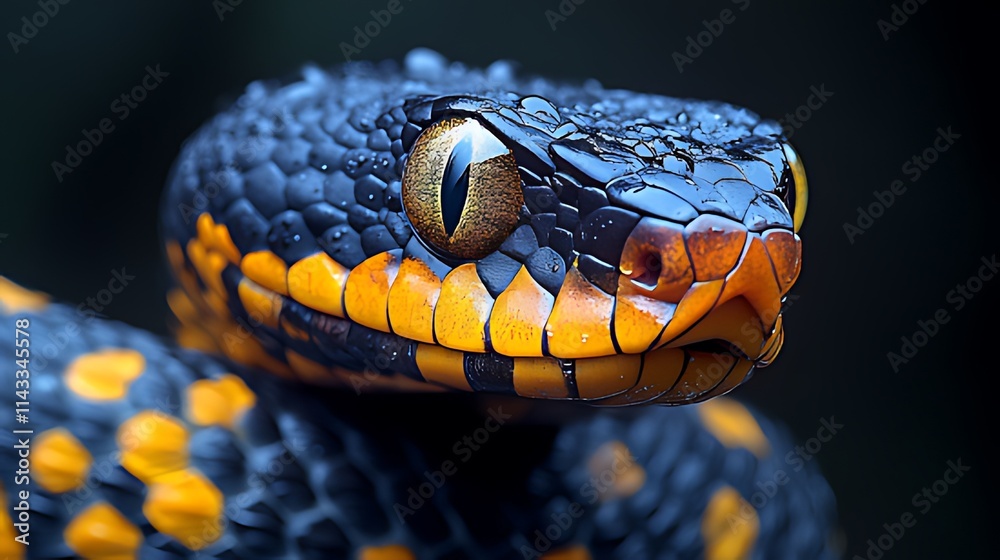 Obraz premium Close-up of a venomous snake with black and orange scales.