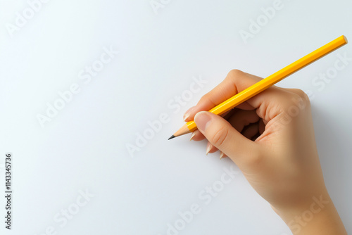 Close-up of hands writing with a yellow pencil on a white background, top view. Minimalist style.