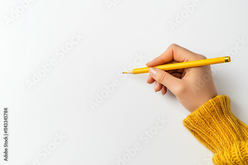 Close-up of hands writing with a yellow pencil on a white background, top view. Minimalist style.