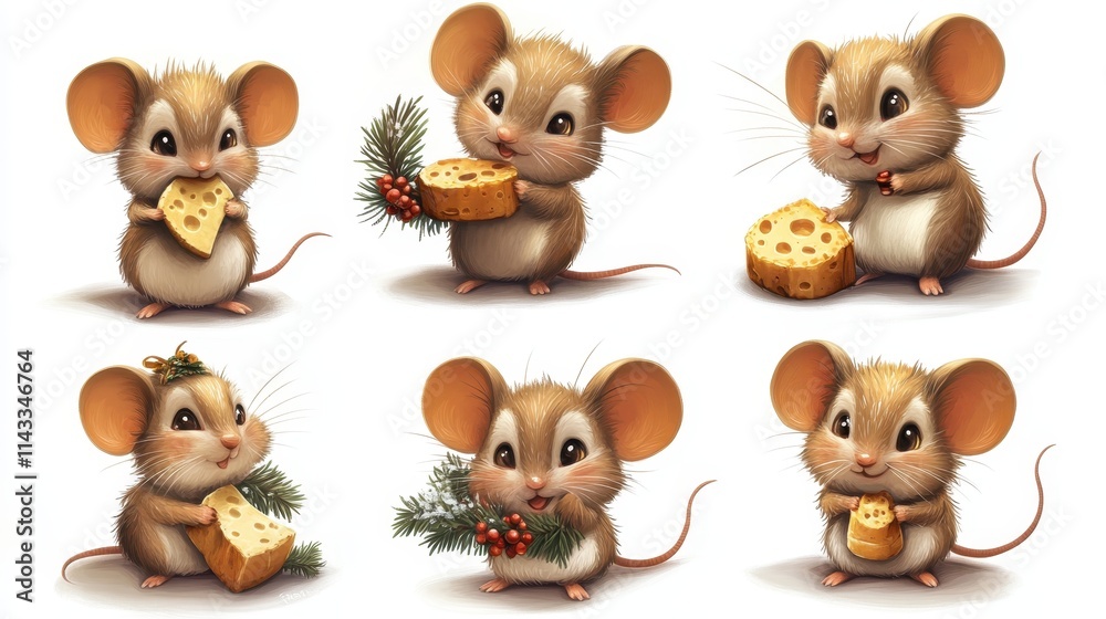 Obraz premium Six adorable cartoon mice in various poses, some holding cheese, others with a pine branch and ornament on white background. Perfect for holiday or food-related themes.