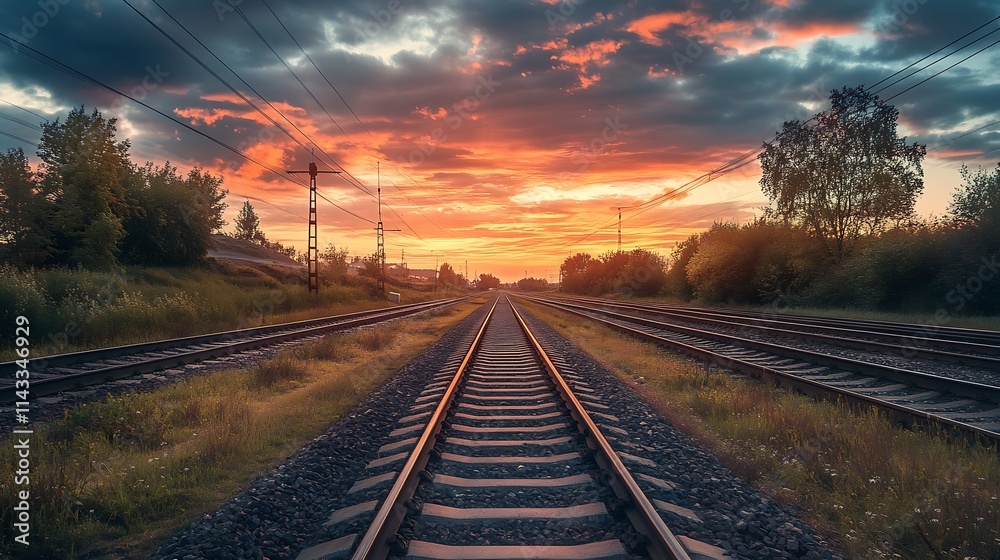 Fototapeta premium Sunset over Railroad Tracks. Concept of journey, travel, and freedom.