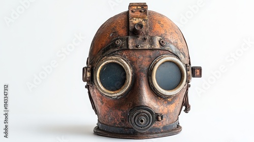A vintage diving helmet sits against a pristine white backdrop, highlighting its intricate craftsmanship ideal for themes of underwater adventure.