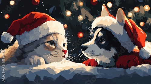 Twocat and one dog in santa hat with christmas tree on background, ai generative photo